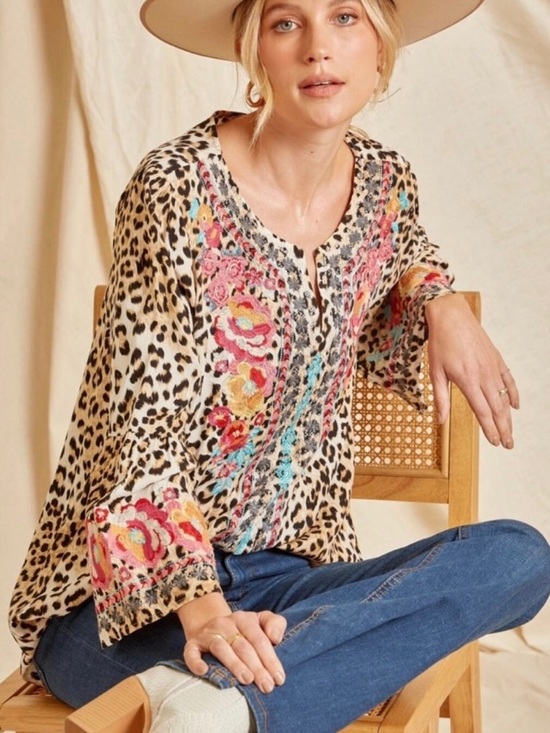 Savanna Jane Tops - Savanna Jane Leopard-Print Tunic with Pink & Blue Embroidery